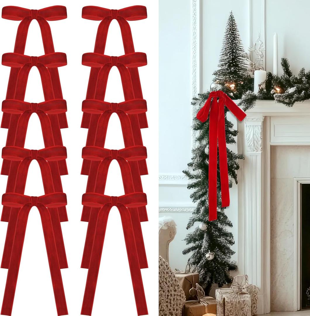 Red 24 Pcs Velvet Bows Christmas Tree Ornaments Valentines Day Bows Decoration for Garland Home Coquette Wedding Decor (9 x 13 Inch,Width of 1")