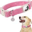 DOGWONG Airtag Cotton Hemp Dog Collar, Heavy-Duty Dog Collar with Airtag Holder Pink Natural Fabric Pet Collars for Small Medium Large Dogs