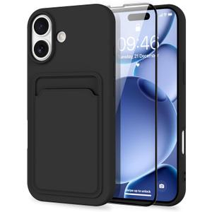 MZELQ Compatible with iPhone 17 Case 2025 TPU Card Holder Wallet,Camera Protection + Screen Protector Soft Card Slot Phone Cover for Girls Women -Black