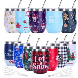 Eforcase 12PCS Christmas Wine Tumbler 12 oz Funny Stainless Steel Wine Glass Coffee Tumbler Bulk Travel Cup Mug with Straw and Brush Coffee Mug for Xmas Party Favor Holiday