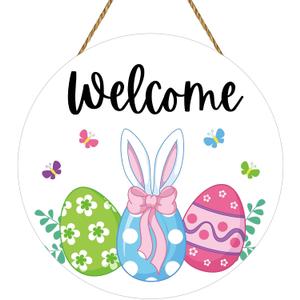 YUNKKIN Easter Wreath Easter Door Decorations Cute Eggs Bunny Ears Hanging Sign Butterfly Wooden Wreaths for Front Door Hanger Welcome Sign for Porch Wall Indoor Home Decor