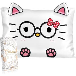 Toddler Pillowcases 13"x18" for Kids - Cute Cartoon Soft Breathable Silk Pillow Cases for Hair and Skin with Hidden Zipper for Girls Fun Kawaii Design for Bedding, Glasses Cat