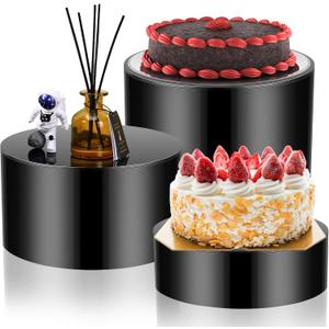 Weysat 3 Pcs Acrylic Risers for Display Stands, Round Cake Dessert Stand 3 Sizes, 6"x2", 7"x4", 8"x6", Food Risers Cylinder Nesting with Hollow Bottom for Wedding Parties Brunch Jewelry Show (Black)
