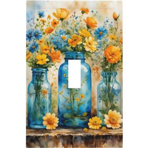Decorative Switch Covers Plate Rustic Yellow Flowers Floral Blue Bottles 1 Gang Wall Plate Oversized Single Toggle Wall Cover Plate Jumbo Electrical Light Switch Plate Faceplate (1-Gang Toggle/ 5 x 3 IN)