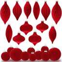 30PCS Burgundy Velvet Christmas Ornaments Various Shapes Flocked Ornaments for Christmas Tree Balls with Hanging Ropes, Shatterproof Plastic Balls Decorations for Holiday Party Indoor Home, Red