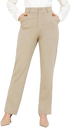 Bamans Dress Pants Women Work Business Pants Tummy Control Office Straight Leg Trousers High Waisted Ladies Slacks, Large