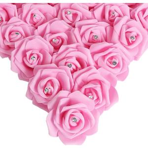 IPOPU 100pcs Pink Foam Rose Artificial Flower Bulk with Crystal 3in Real Looking Stemless Fake Roses for DIY Craft Wedding Bouquets Wall Decoration Bridal Shower Arrangement Home Decorations(Pink)