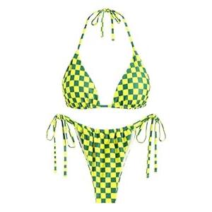 ZAFUL Triangle Bikini for Women 2 Piece Halter Bikini Sets Sexy High Cut Bathing Suit Side Tie Swimsuits Yellow Plaid, Small