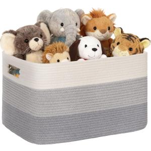 60L Laundry Basket with Leather Handles for Living Room Storage, Woven Rope Baskets Bin for Blanket, Kids Toy, Gifts, Wicker Hamper for Bedroom Dirty Clothes, Gradient Grey