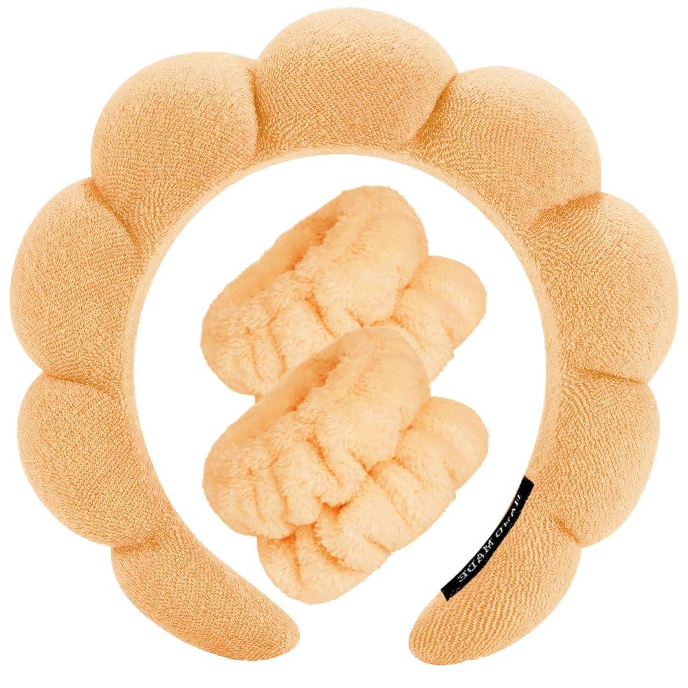 Spa Headbands for Washing Face Wristband Set Sponge Makeup Skincare Headband Wrist Towels Bubble Soft Terry Towel Cloth Hairband for Women Puffy Headwear Non Slip Thick Thin Hair Headwear (Orange)