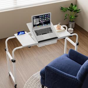 GiftGo Overbed Table with Wheels Rolling Laptop Desk Cart Table Height and Length Adjustable for Hospital and Home Use Over The Bed Table with Storage Drawer and Cup Holder (White, 31.5 to 47)