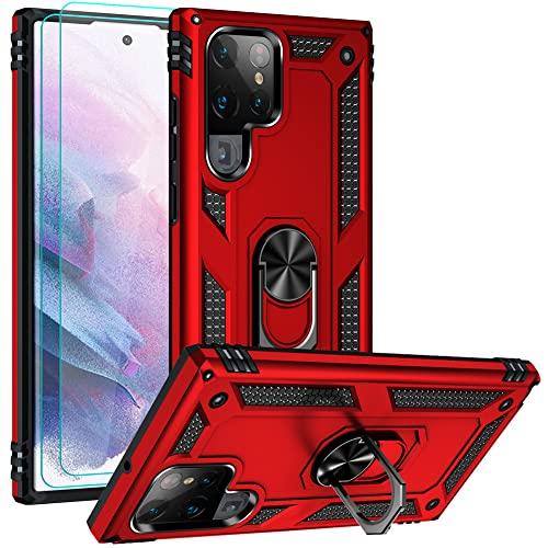 Androgate for Samsung S22 Ultra Case, Galaxy S22 Ultra Case with HD Screen Protectors, Military-Grade Metal Ring Holder Kickstand 15ft Drop Tested Shockproof Cover Case for Galaxy S22 Ultra Red