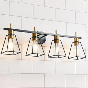 Industrial Bathroom Vanity Lights: 4 Light Black and Gold Vintage Metal Cage Wall Sconce - Rustic Farmhouse Wall Light Fixture Over Mirror Cabinet for Bedroom Living Room