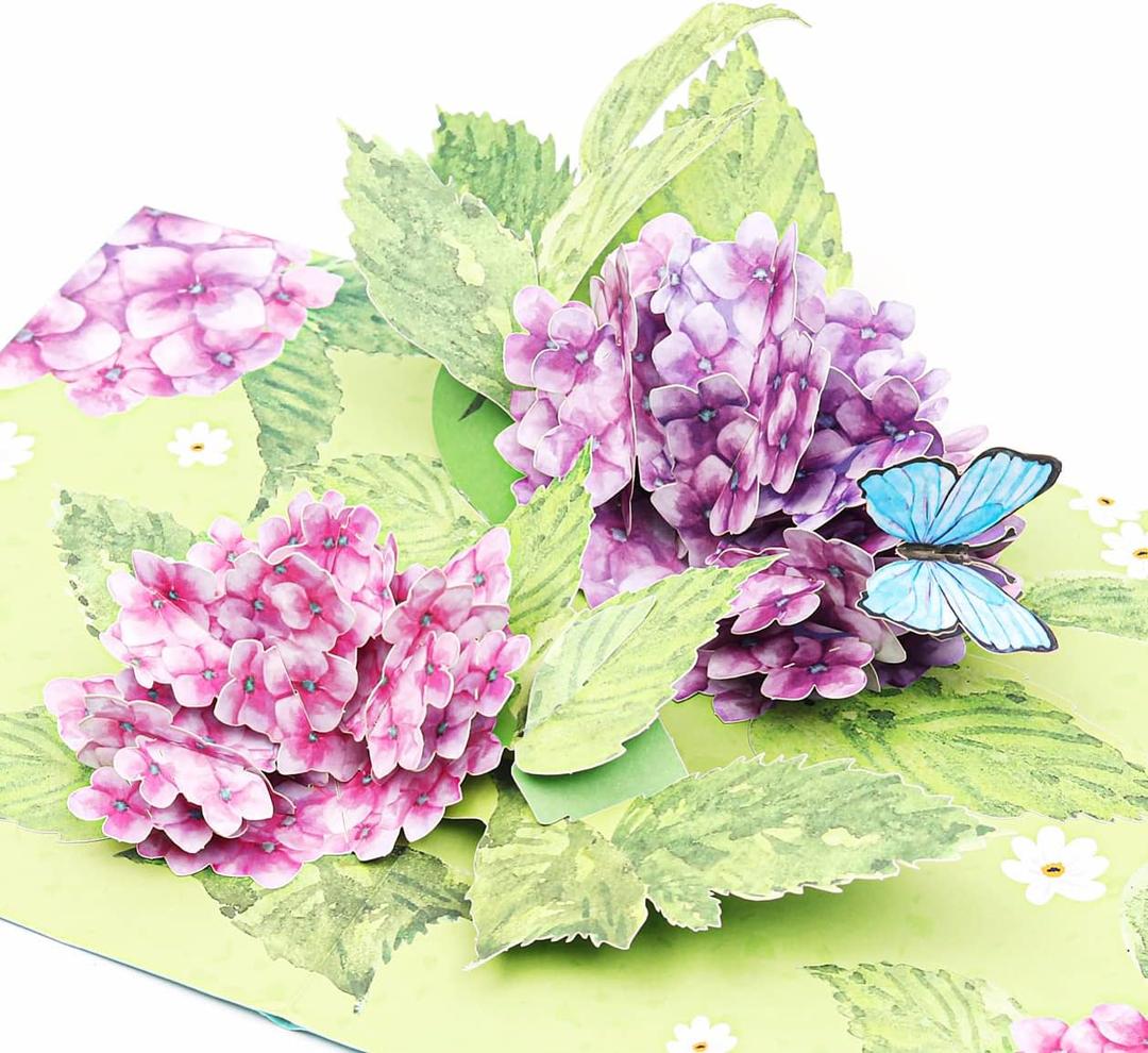 2 x Liif Hydrangea Blossoms Butterfly 3D Greeting Pop Up Mother's Day Card, Spring, Summer, Anniversary, Fathers Day, Get Well, Thinking Of You,With Message Note & Envelop,Large Size 8x6 Inch (Purple & Pink)