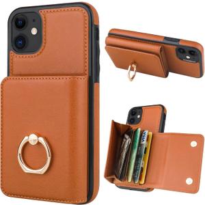 Folosu for iPhone 11 Wallet Case with Card Holder, Leather 4 Card Slots Case, 360°Rotation Ring Holder Kickstand, RFID Blocking Double Magnetic Clasp Protective Durable Cover 6.1 Inch Brown