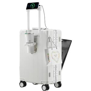 Feilario 20in Aluminium Frame PC Hard Shell Spinner Wheels Luggage, Built-In TSA lock Carry on Suitcase, with Cup Holder, USB Port, Phone Holder
