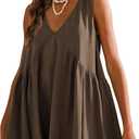OPCAKM Women's V Neck Sleeveless Mini Dress Loose Summer Pleated Swing Flowy Sundress (X-Large, Brown)