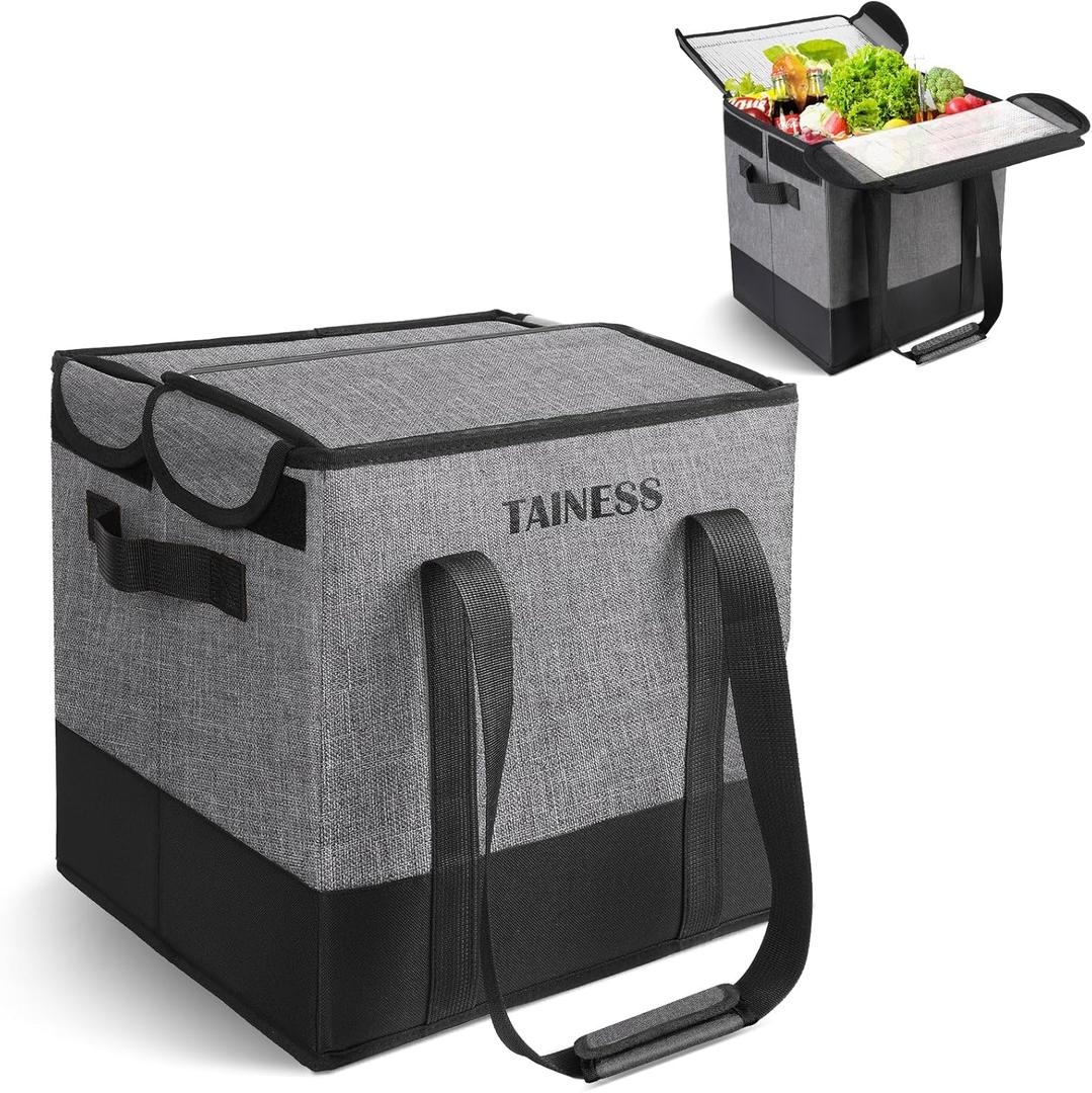 Reusable Insulated Grocery Bags Collapsible Grocery Tote Bags for Shopping Wear Resistant Heavy Duty Foldable Cooler Grocery Bags for Frozen and Hot Food Camping Bags (Grey-1 Pack)