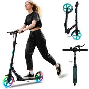Kick Scooter for Kids Ages 8+ Teens & Adults, with Front handbrake and Rear Brake, and Adjustable Handlebars, Big Sturdy PU Flash Wheels Great Gift & Toy
