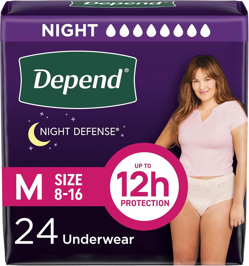 Depend Night Defense Adult Diapers, Incontinence & Postpartum Bladder Leak Underwear for Women, Disposable, Overnight, Medium, Blush, 24 Count