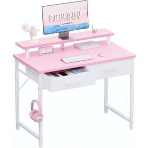 Pamray 32 Inch Small Computer Desk with Monitor Stand and 2 Drawers | Small Gaming Desk, for Bedroom Apartment and Dorm, for Study Work and Writing, Small Spaces, Sturdy, Easy Assembly