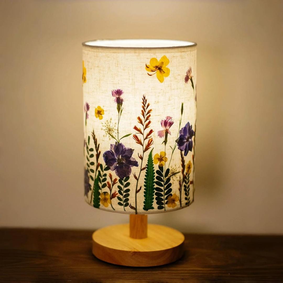Dried Flowers Table Lamp, 7w Led 3-Color Pressed Floral Beside Lamp,Cute Vintage Linen Shade Desk Lamp for Bedroom Office with Wood Base