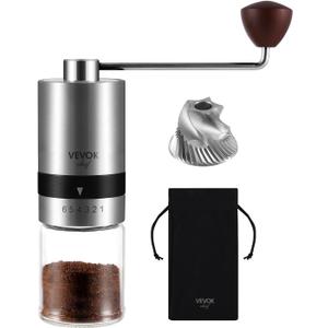 VEVOK CHEF Manual Coffee Grinder Stainless Steel Burr Grinder 6 External Adjustable Setting Vintage Hand Coffee Grinder Portable Hand Crank Conical Coffee Bean Grinder Mill for Home,Camping (Silver)