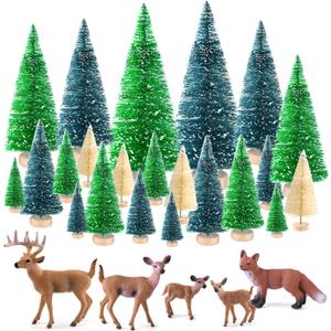 KUUQA 25 Pcs Mini Sisal Trees Bottle Brush Trees Snow Frost Trees with Miniature Figures Woodland Animals Deer Fox Table Top Crafts DIY Room Decor Mini Christmas Village Decoration, Small Size Trees (Blue-green+green+off-white)