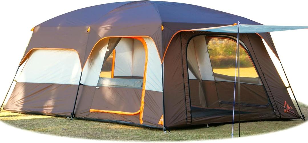 KTT Extra Large Tent 14 Person, Family Cabin Tents, 2 Rooms, Straight Wall, 3 Doors 3 Windows with Mesh, Waterproof, Straight Wall, Big Tent for Outdoor, Picnic, Camping, Gathering(Brown)
