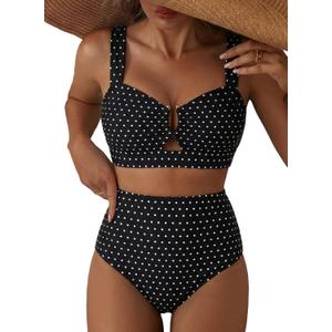 Herseas Women's 2 Piece U Wire Cutout Bikini Sets Floral Print High Waisted Swimsuit 2026 Summer Beach Swim Bathing Suit (X-Large, Black With White Dots)