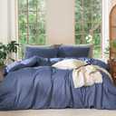 MooMee Bedding Duvet Cover Set 100% Washed Cotton Linen Like Textured Breathable Durable Soft Comfy (Heathered Blue, Queen 90"x90")