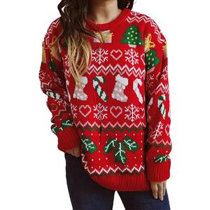 Women's Christmas Snowflake Pattern Knitted Sweater Long Sleeve Pullover Sweater Red, M