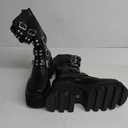 YIYA Black Platform Goth Boots for Women Studded Wide Mid Calf Combat Punk Boots Round Toe Buckle Chunky Heel Back Zipper Thick Sole Ankle Booties, 44