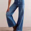 Womens Wide Leg Jeans Mid High Waisted Baggy Straight Leg Stretchy Denim Pants Seamed Long Trousers (Blue)