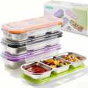 4 Pack Stainless Steel Snack Containers with Lids, 3-Compartments Reusable Lunch Box for Adults, Food Storage Containers Divided Meal Prep Box for Home, Work, Travel