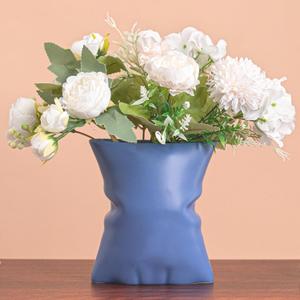 Navy Blue Ceramic Vase with Organic Ruched Texture- 6.3" Unique Flower Vase for Pampas Grass & Centerpieces, Decorative Boho/Farmhouse Vase for Living Room, Office Desk