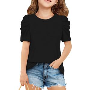 ZDC Girls Puff Short Sleeve Tops Crewneck T Shirts (Black)