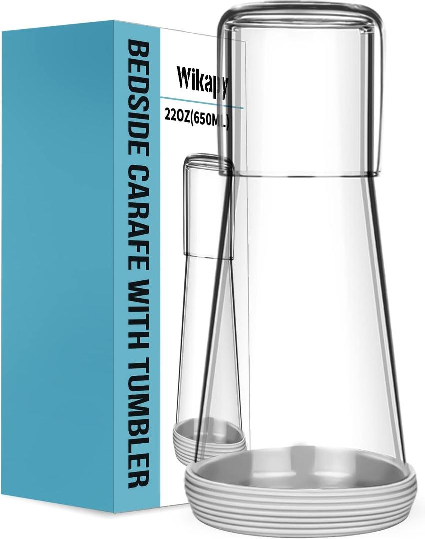 Bedside Night Water Carafe Set with Tumbler Glass, Clear Nightstand Carafe with Silicone Coaster for Bedroom and Guest Room, Glass Mouthwash Decanter for Bathroom (22 OZ)