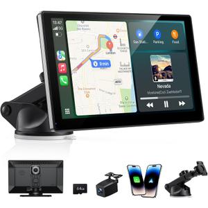 Wireless Carplay Screen for Car & Android Auto, 4K Dash Cam + 1080P Backup Camera, Portable Touchscreen, GPS Navigation, Bluetooth for All Cars (9inch)