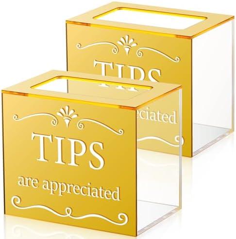 Vesici 1 Pcs Acrylic Tips Jar Donation Tip Bucket 6 x 4 x 5 Inch Collection Money Storage Container Suggestion Box Raffle Cash Box for Bartender Bars Restaurants Musicians Driver Coin (Gold)