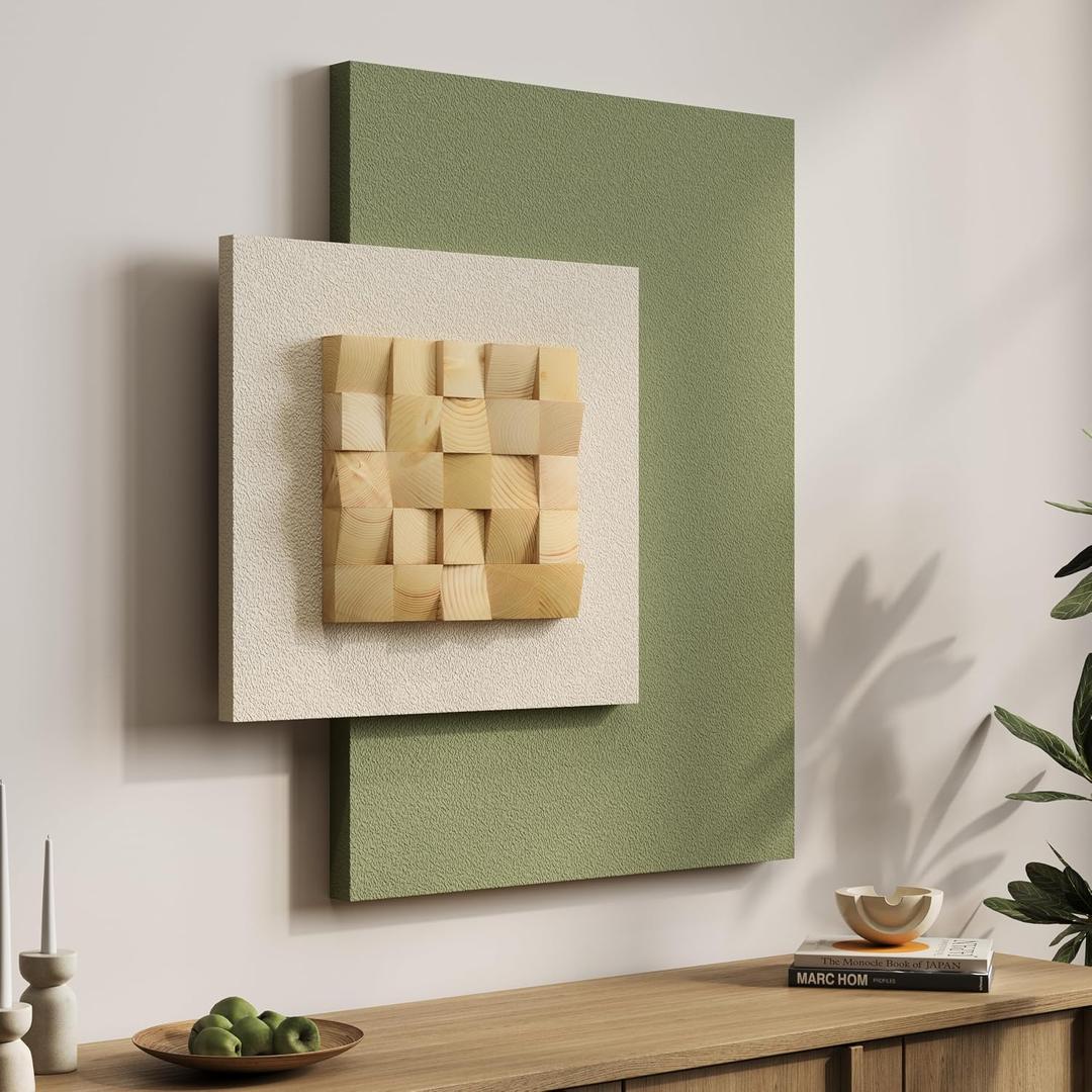 Cuspin Large 3D Wood Green Wall Art for Living Room, Modern Minimalist Sage Green Textured Wall Decor, Abstract Geometric Natural Wooden Block Artwork for Bedroom Dining Room Hallway Home Office, 36"L x 30"W