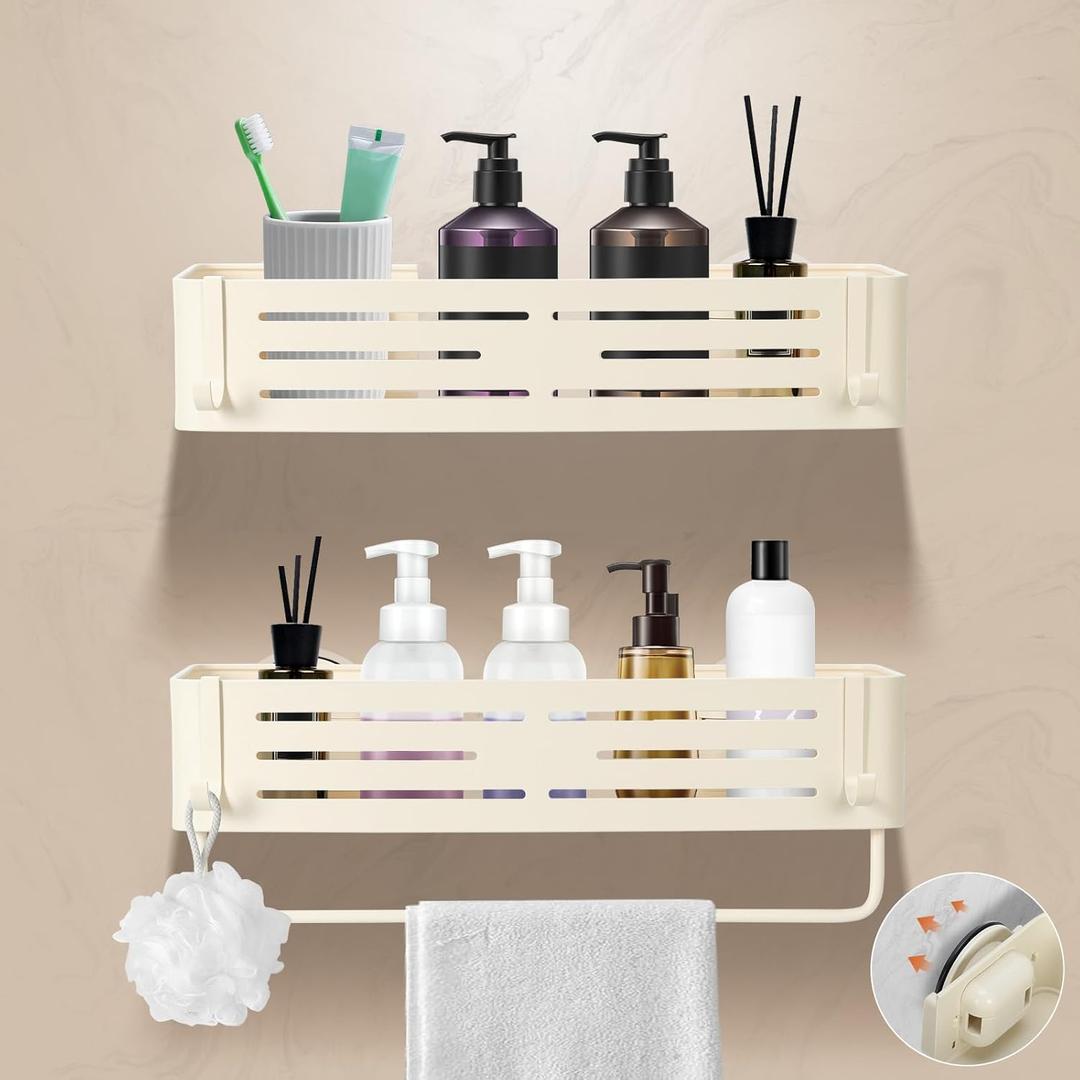 Lekesky Suction Cup Shower Caddy, No Drill Shower Shelves with a Towel Bar, Aluminum Rust Proof Bathroom Shower Organizer with 12 Hooks2-Pack, Cream
