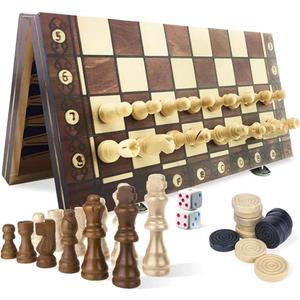 Magnetic Wooden Chess Board Set - 3-in-1 Game Combo: Chess, Checkers, and Backgammon, Travel Chess Board Game Luxury Gift with Storage