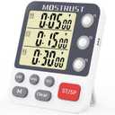 Digital Dual Kitchen Timer, 3 Channels Countdown Triple Timer for Cooking, Magnetic Memory-Preset Large Display Adjustable Alarm Volume, Multi Times Management, 3A Battery Included, White