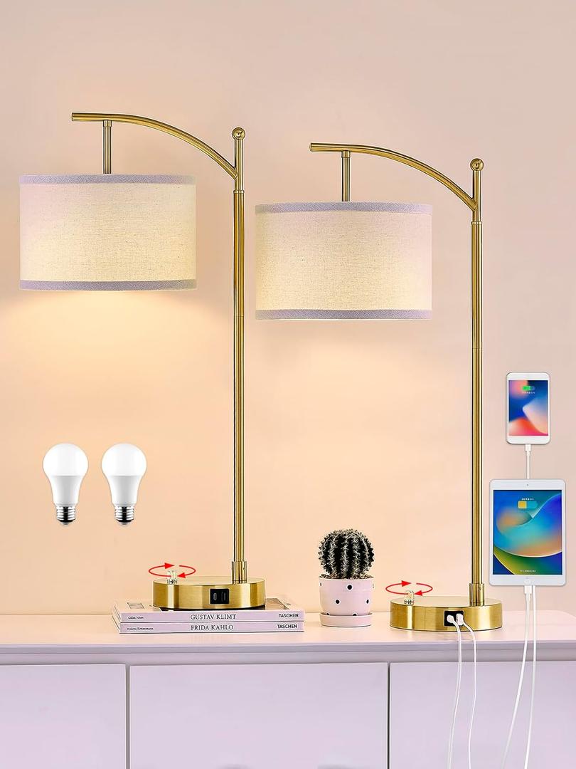 Hikczc Table Lamp for Living Room Bedroom, 23.5" Table Lamps Set of 2 with USB C+A Ports, Bedside Lamps for Nightstand with Linen Lamp Shades, 2 Dimmable LED Bulbs Included, Gold