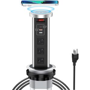 XBA Pop up Outlet for Countertop, 4inch Recessed Power Strip with 15W Wireless Charger, PD 20W USB C, 2 USB A,3 AC Outlets, Hidden Outlet with 6FT Extension Cords for Kitchen,Conference (Black)