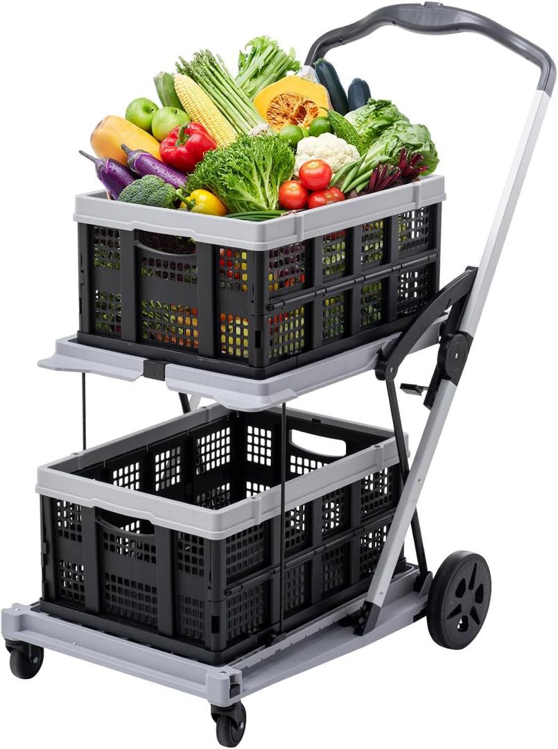 Collapsible Shopping Cart on Wheels, Folding Shopping Cart with 360 Swivel Wheels, Multi Use Utility Cart Adjustable Portable Trolley, Used for Picnic, Supermarket, Gray
