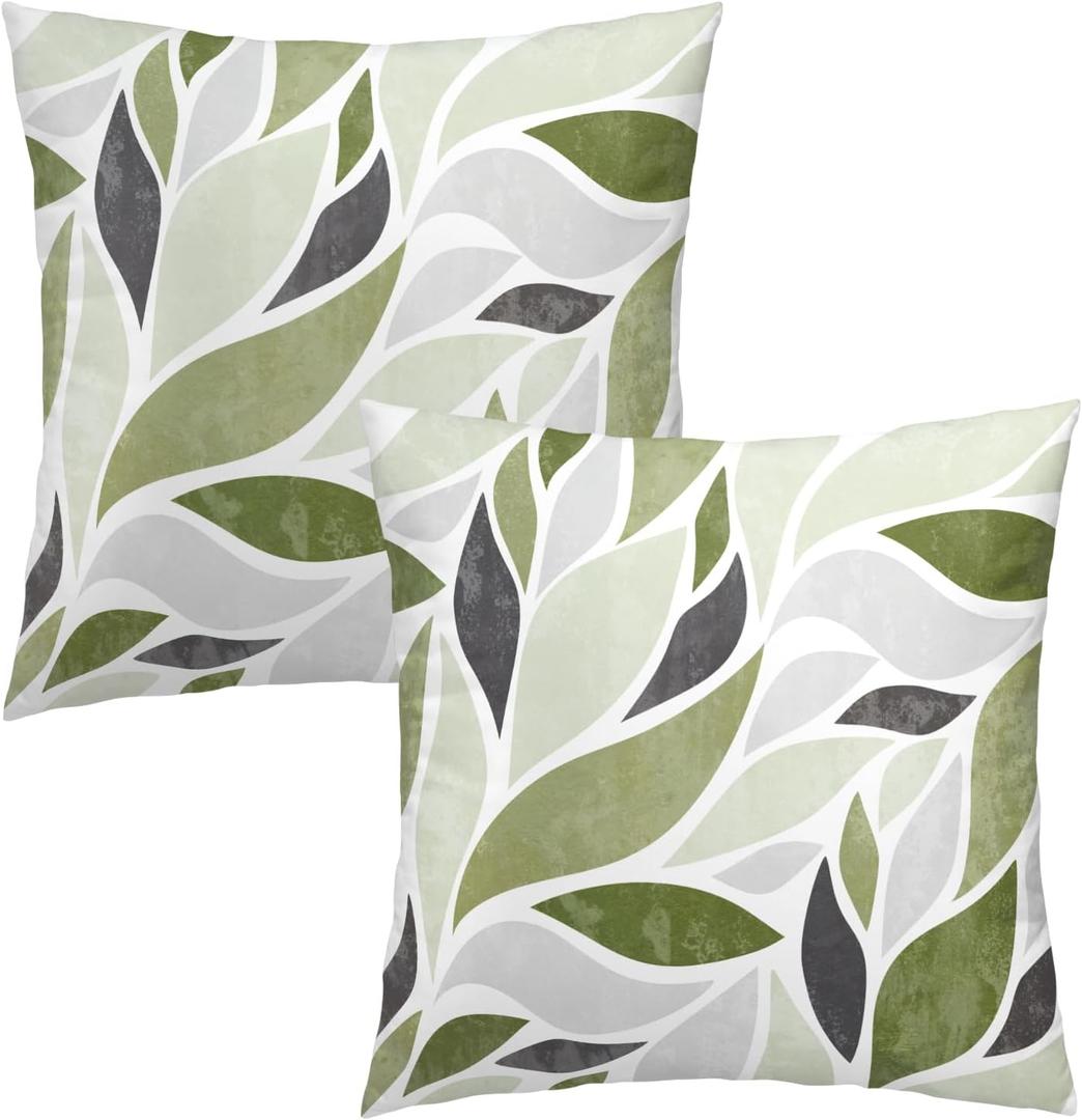 Boho Outdoor Pillow Covers 18x18 Inch Farmhouse Floral Sage Green Throw Pillow Covers Modern Bohemian Leaves Pillow Cases Cotton Cushion Covers for Couch Sofa Bedroom Living Room (Pack of 2)