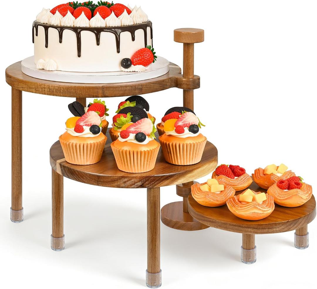 LOVYANXUE Acacia Wooden Cupcake Stand, 3 Tier Round Cake Stand 360 Rotatable Cupcake Tower with Tiered Serving Tray, Wood Dessert Table Display Set, Tiered Tray Stand for Party, Wedding (12/10/8 IN)
