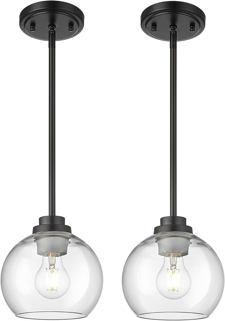 Pendant Lights Kitchen Island 2 Pack, 7" Modern Black Hanging Lights Fixtures with Clear Glass Globe Shade, Kitchen Island Lighting for Bathroom, AD-22280-1P2-BK-C